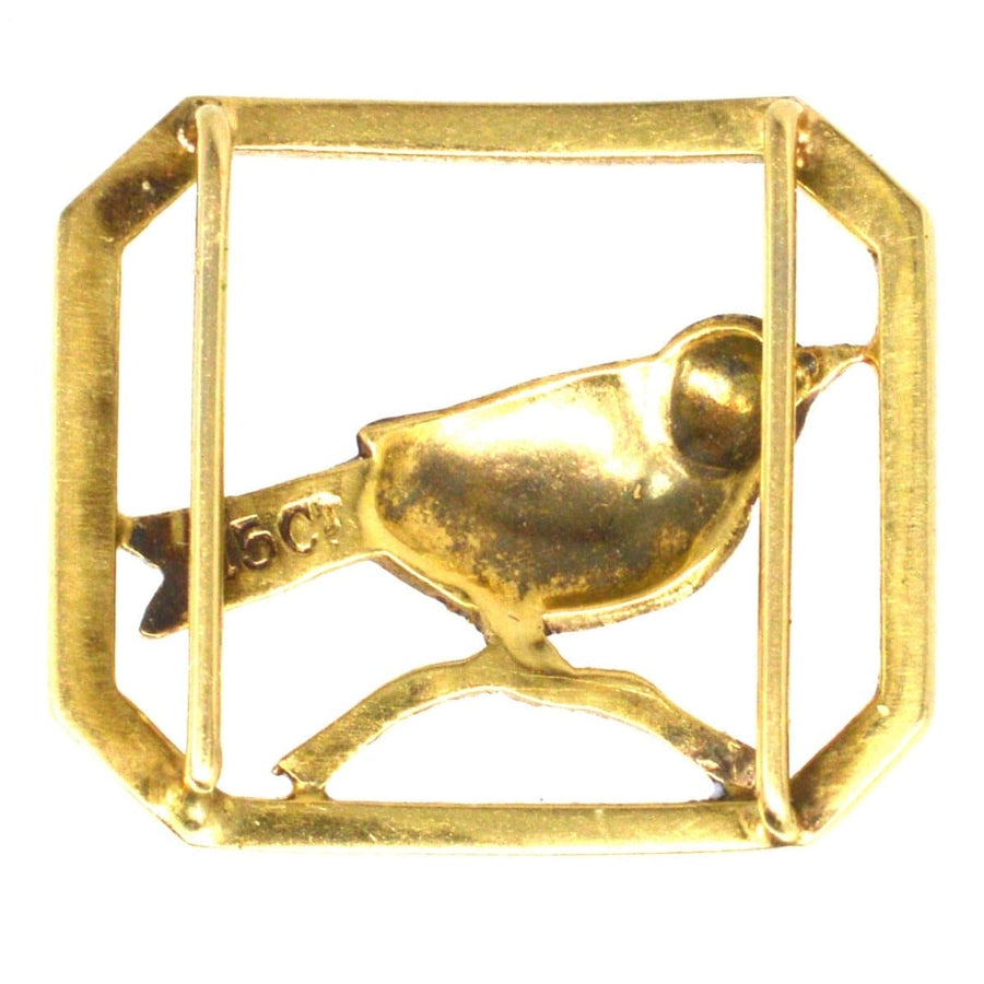 15ct gold enamel buckle featuring a blue tit bird, symbolizing hope and vitality in Edwardian jewelry.