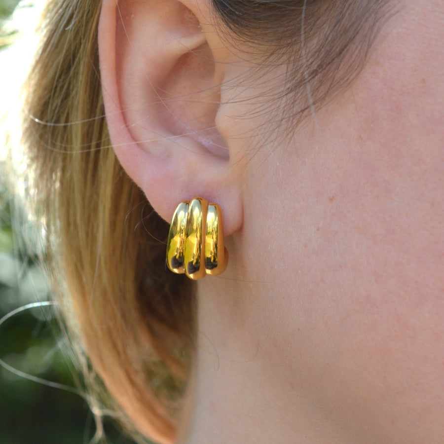 French 18ct Gold Retro Three Band Earrings | Parkin and Gerrish | Antique & Vintage Jewellery