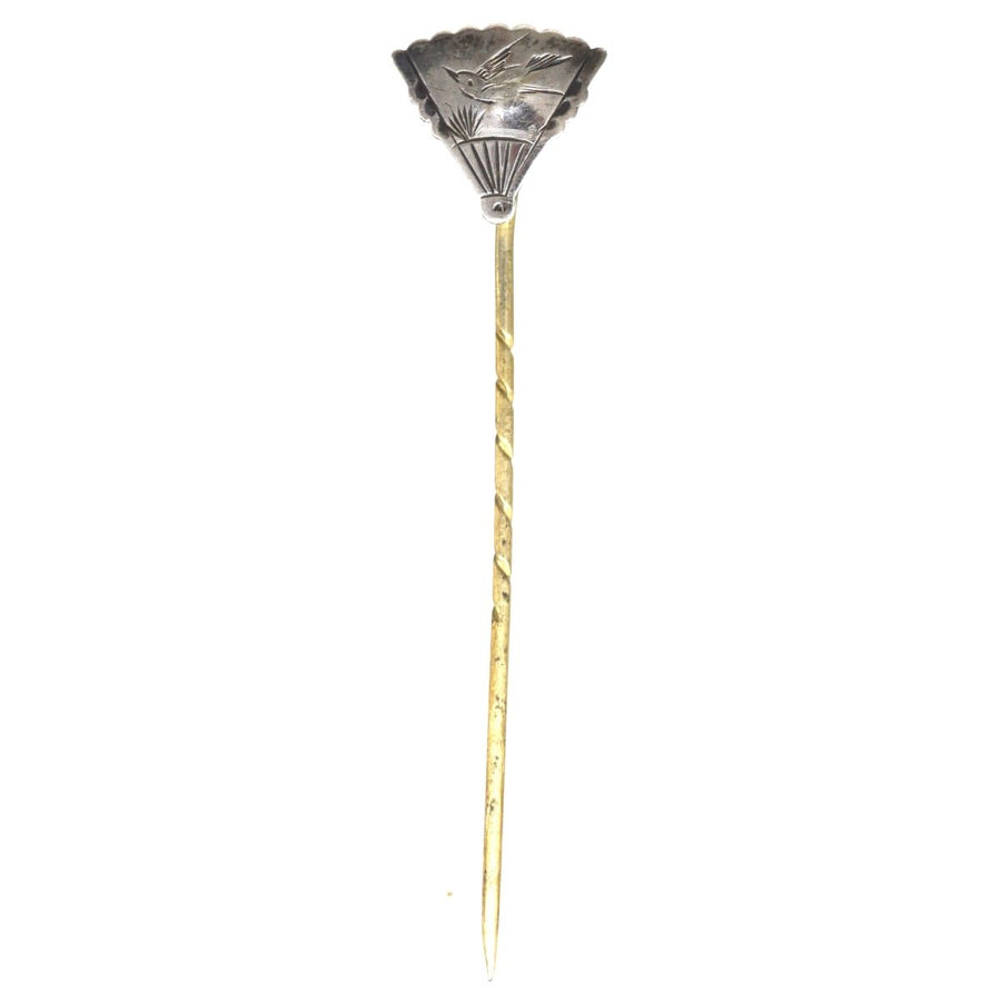 Late 19th Century Aesthetic Period bird fan tie pin with intricate design and twisted shaft, vintage jewelry.