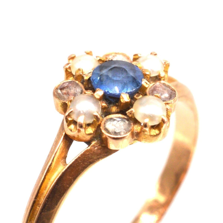 Late 19th Century French gold ring with sapphire, split pearls and rose cut diamonds, circa 1890s.