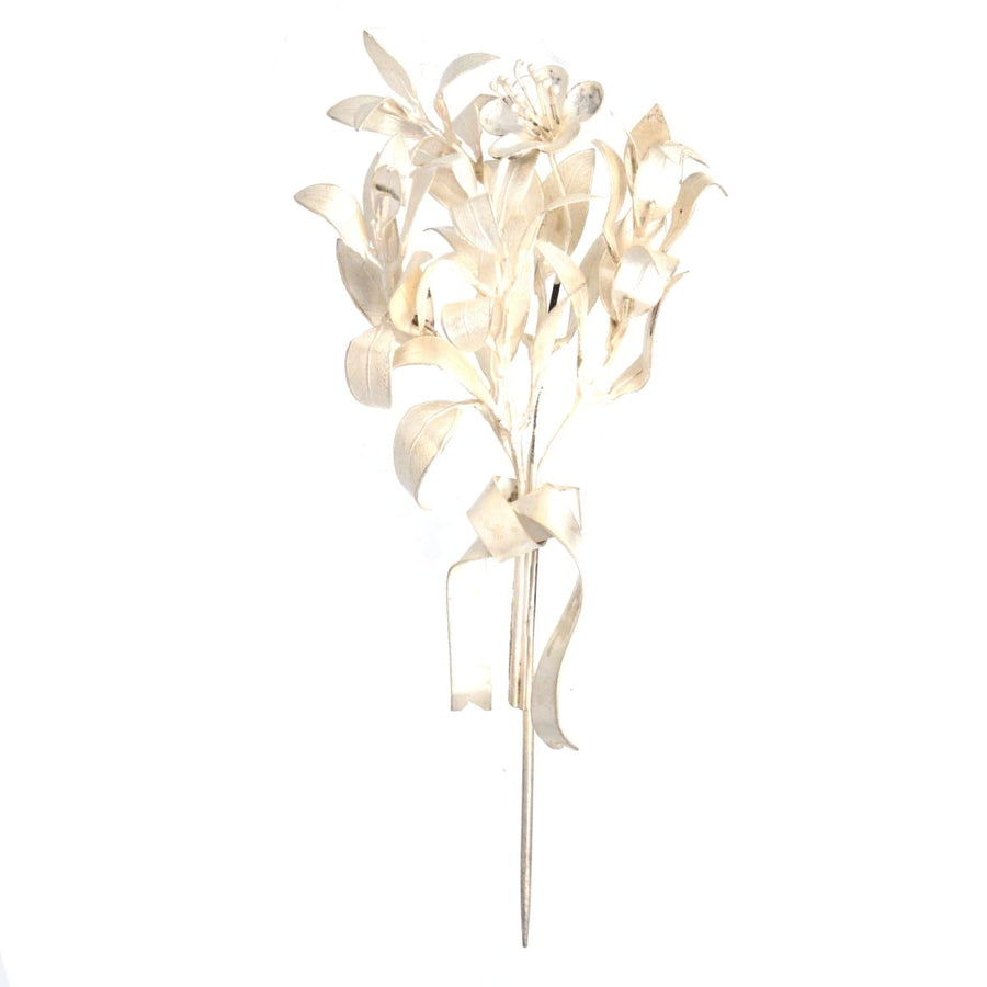 Mid 19th century silver leaf corsage pin brooch elegantly designed with myrtle leaves and a floral accent.