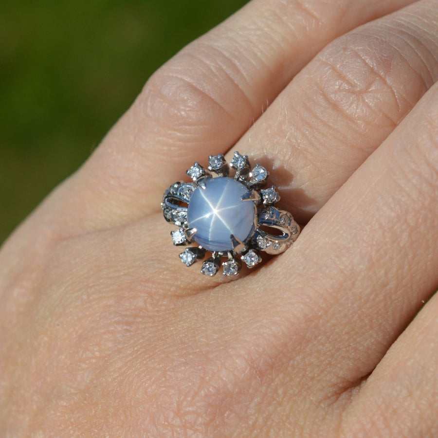 Mid Century 18ct White Gold Star Sapphire and Diamond Ring | Parkin and Gerrish | Antique & Vintage Jewelry