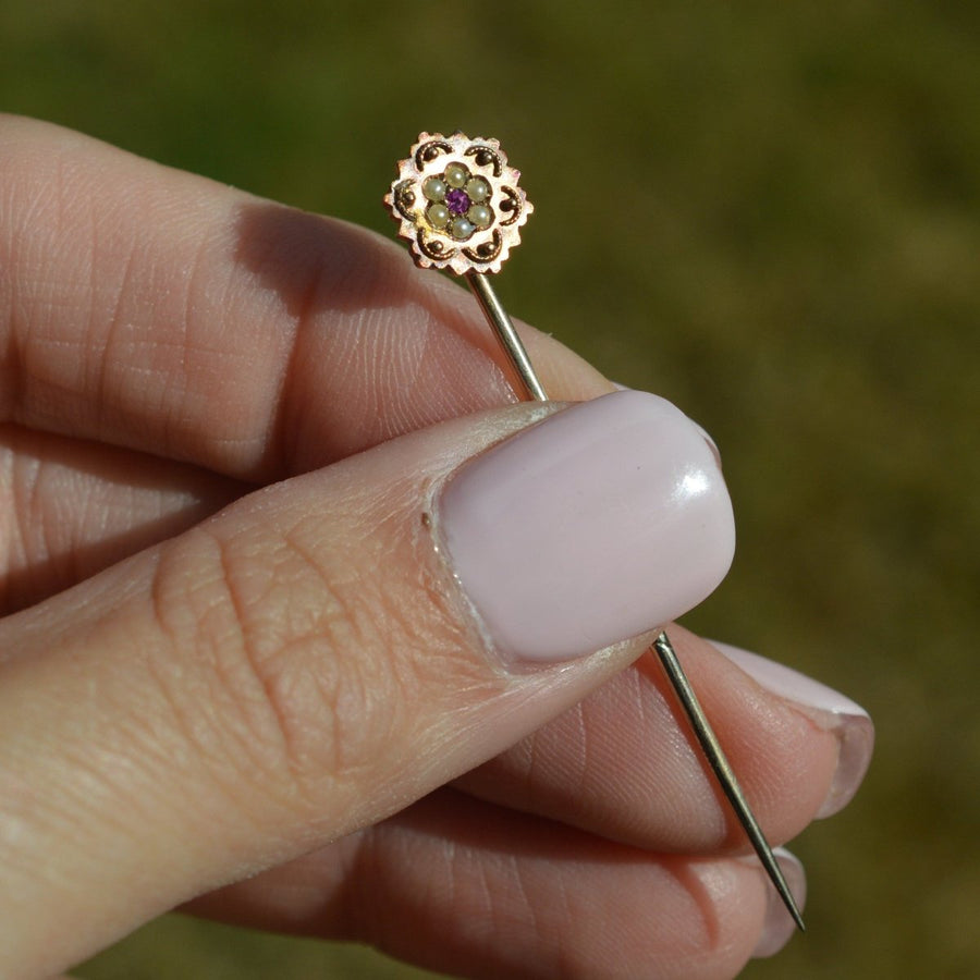 Victorian 15ct Gold Pearl and Ruby Cluster Tie Pin | Parkin and Gerrish | Antique & Vintage Jewelry