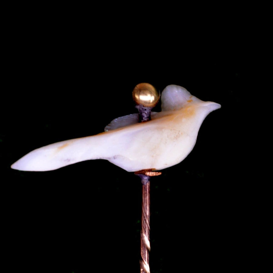 Victorian Baroque pearl tie pin shaped like a bird, featuring a unique freshwater Keshi pearl design.