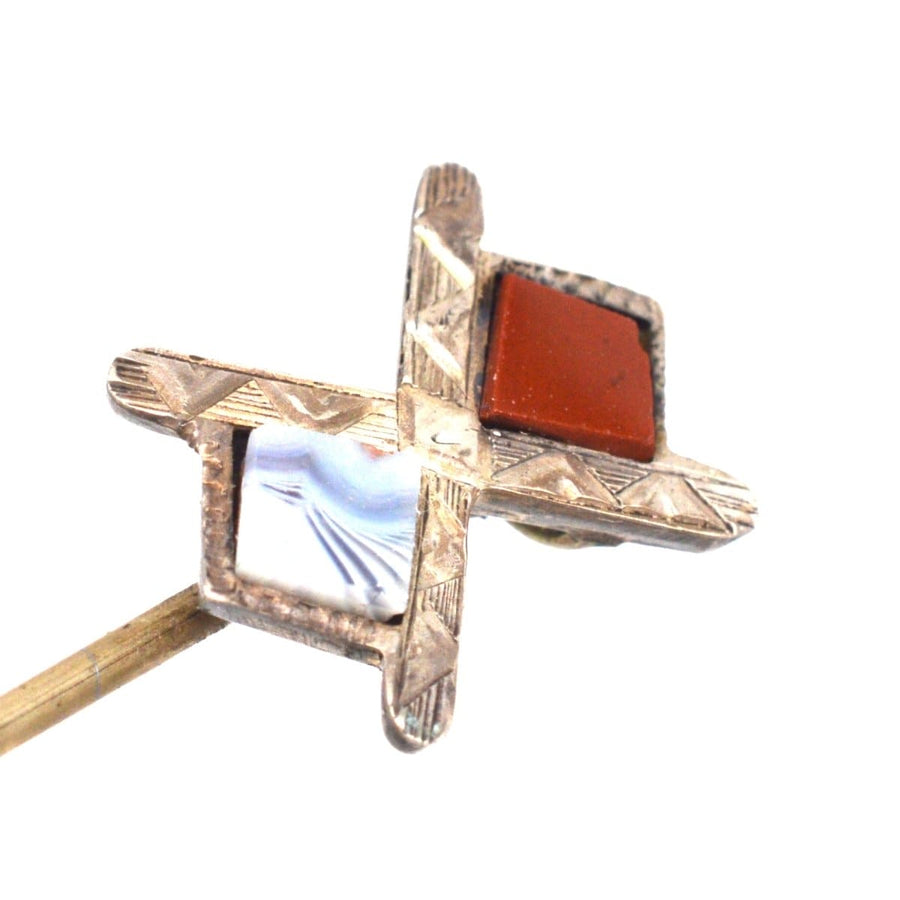 Victorian Scottish Silver St Andrews Cross Tie Pin featuring Jasper and Agate stones, 19th-century jewelry.