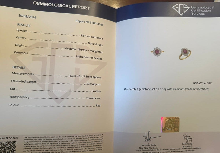 Gemmological report for a natural Burma ruby and diamond ring, detailing specifications, origin and certification.
