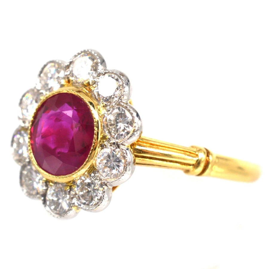 Vintage 18ct gold Burma ruby and diamond cluster ring with a reeded design, perfect for engagement or July birthdays.