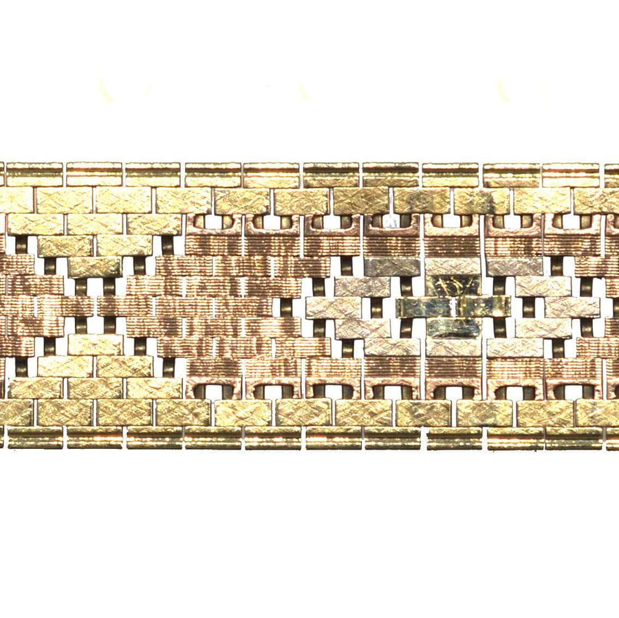 1970s three color 9ct gold weave bracelet showcasing intricate geometric design, perfect for any gender.