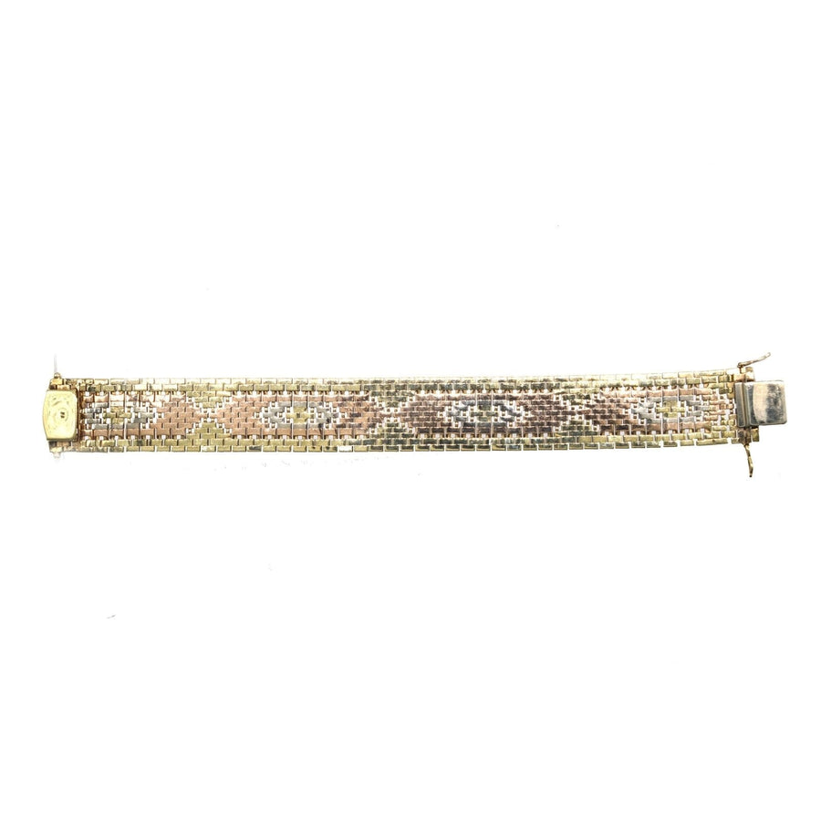 1970s three color 9ct gold weave bracelet, showcasing a geometric design, unisex vintage jewelry.