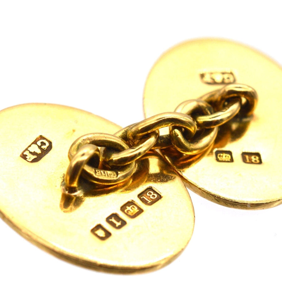 Back of Art Deco 18ct gold Cropp & Farr cufflinks featuring stamp and chain link design.