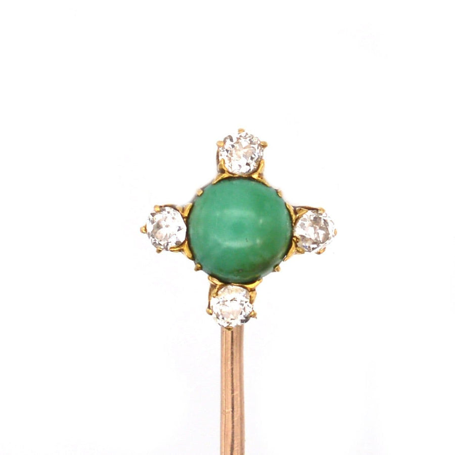 Art Deco 18ct gold tie pin featuring old mine cut diamonds and turquoise, ideal for stylish accessories.