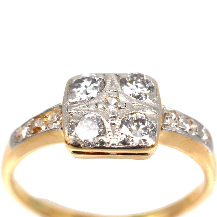 Art Deco 18ct gold and platinum diamond square ring featuring four diamonds and unique star design.