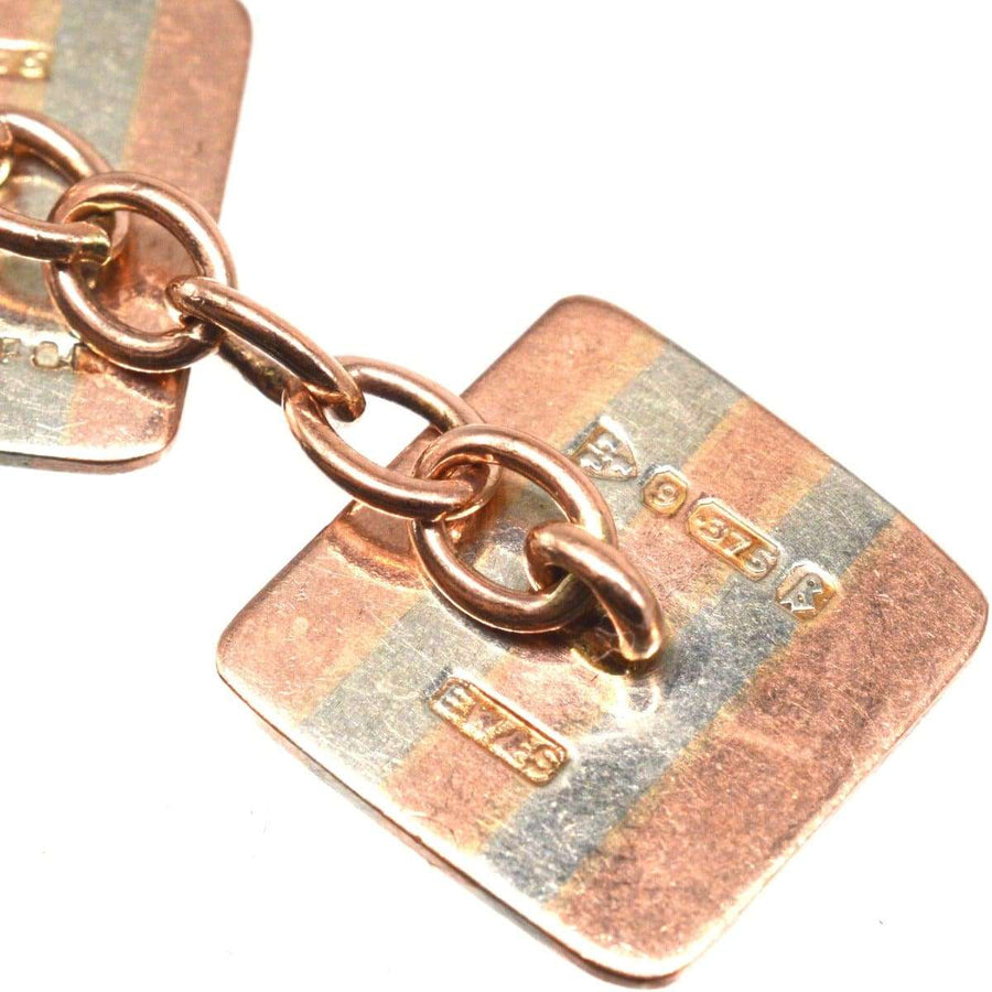 Art Deco 9ct two-color gold cufflinks featuring intricate engine-turned design and a stylish chain link.