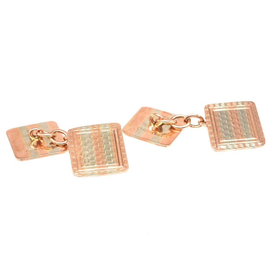 Art Deco 9ct two-color gold cufflinks with intricate engine-turned design, made in 1927 by E Whitehouse & Son.
