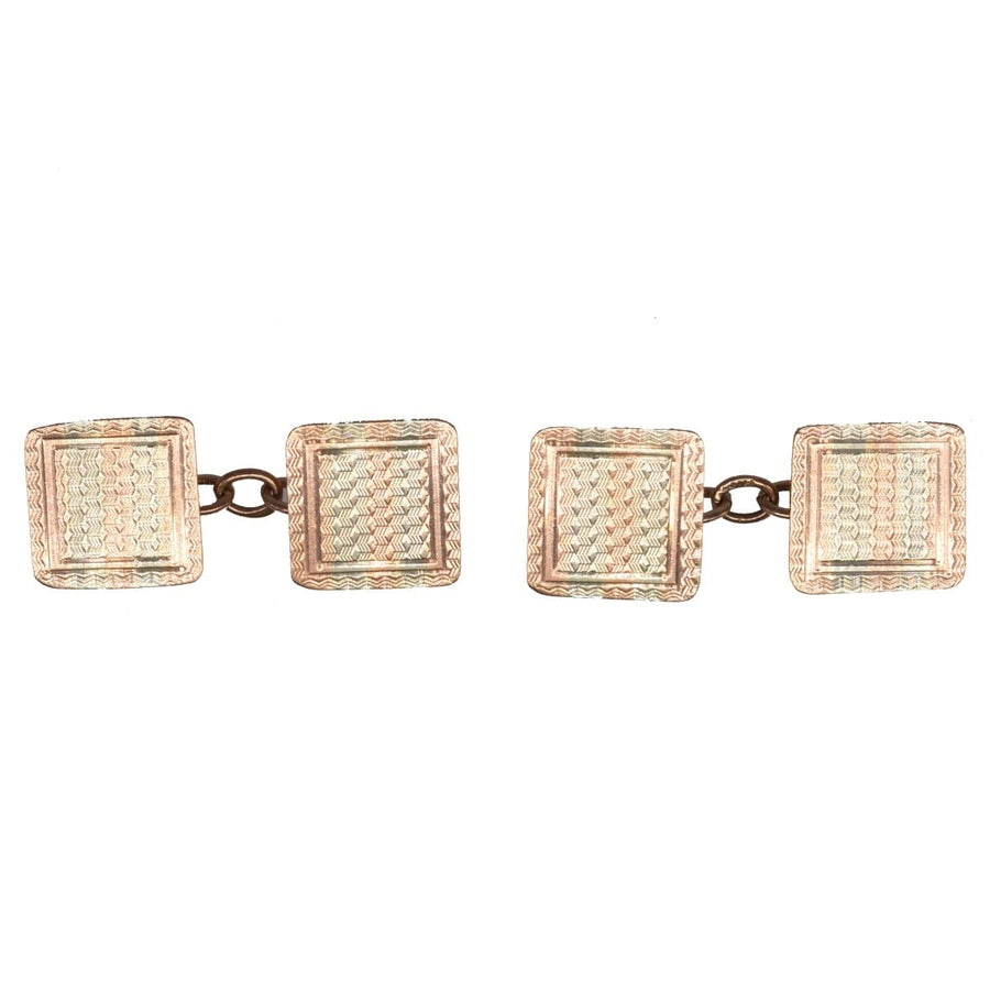 Art Deco 9ct two-color gold cufflinks with intricate engine-turned design made in Chester, 1927 by E Whitehouse & Son.