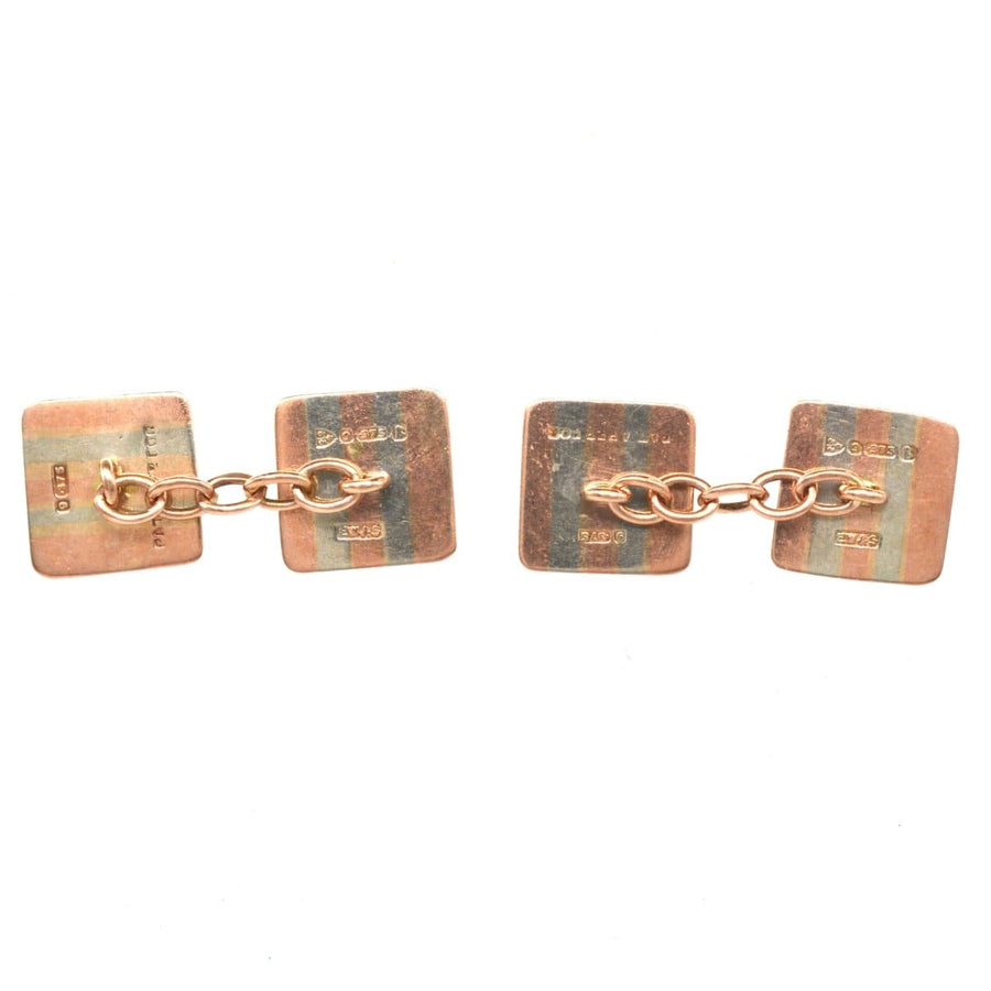 Art Deco 9ct two-color gold cufflinks with geometric design from Chester, 1927 by E Whitehouse & Son.