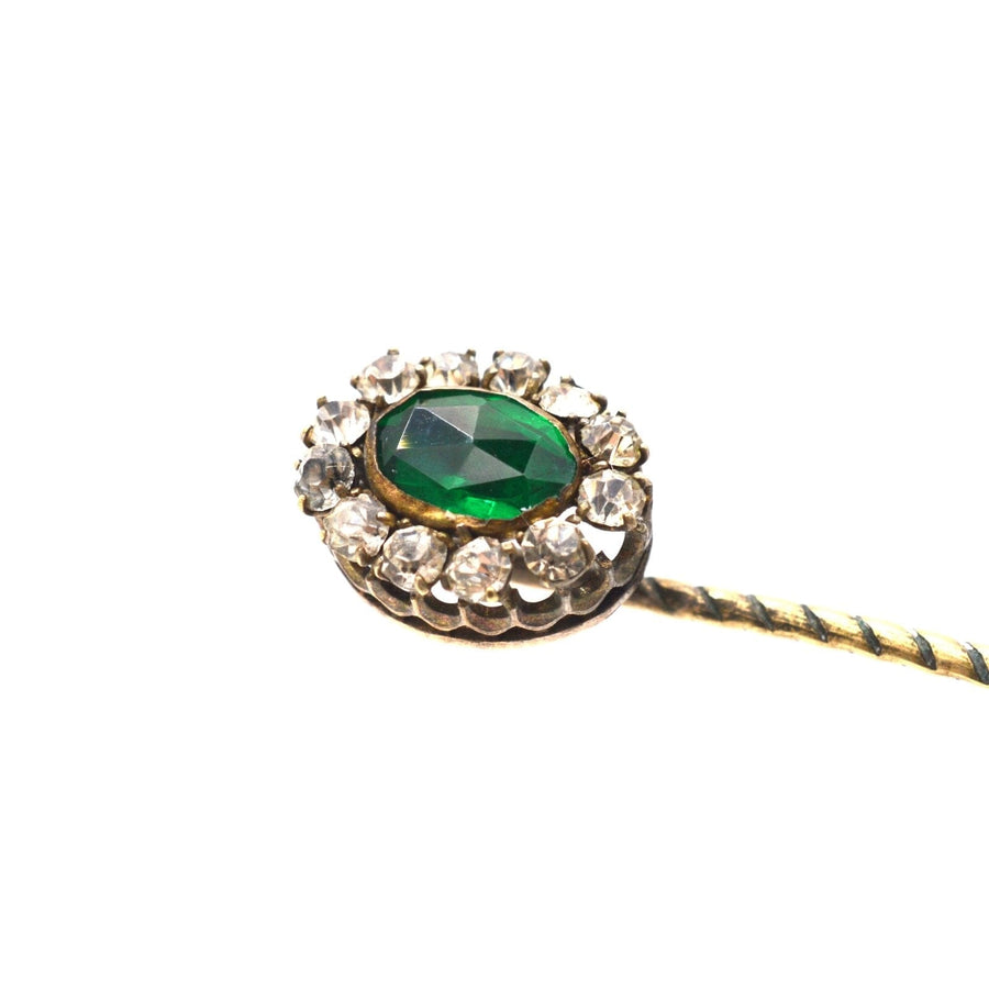 Art Deco green 'Emerald' and white paste tie pin with cluster design, perfect for colorful silk ties.