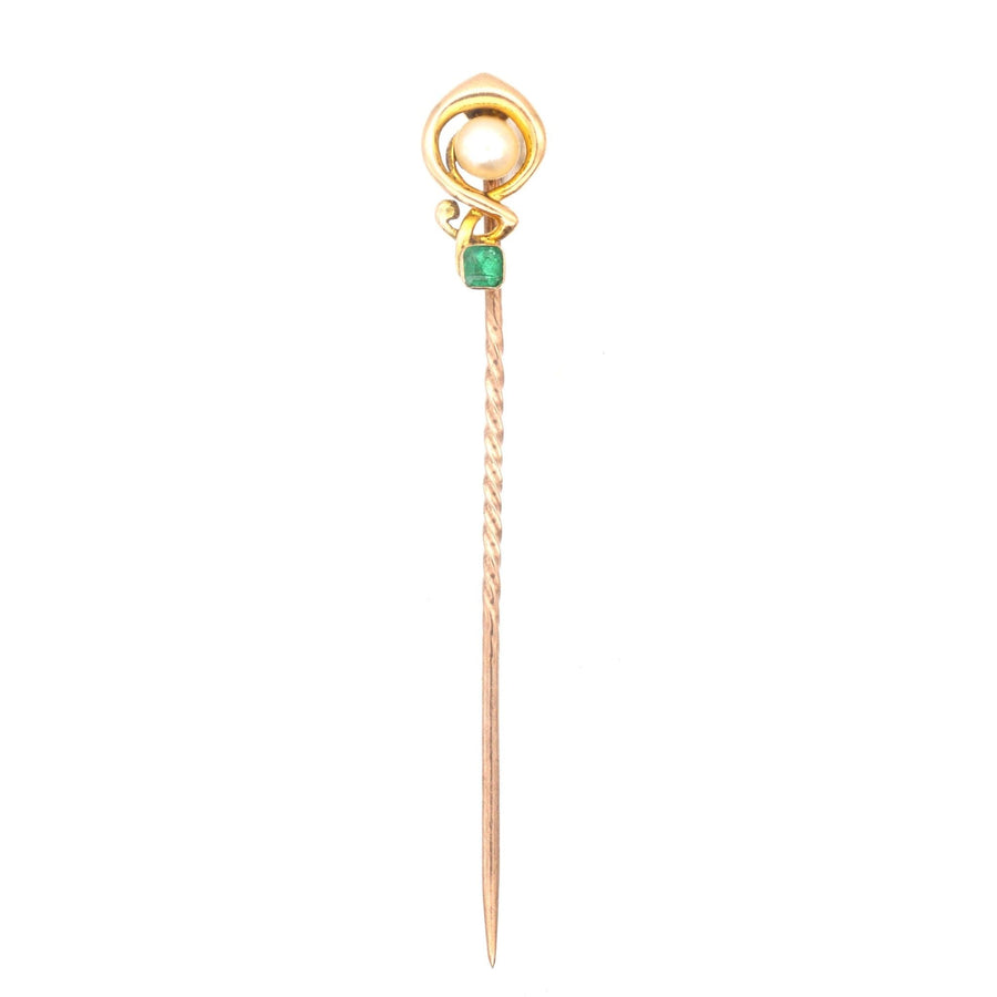 Art Nouveau 15ct gold tie pin featuring a pearl and natural emerald, perfect accessory for colorful silk ties.
