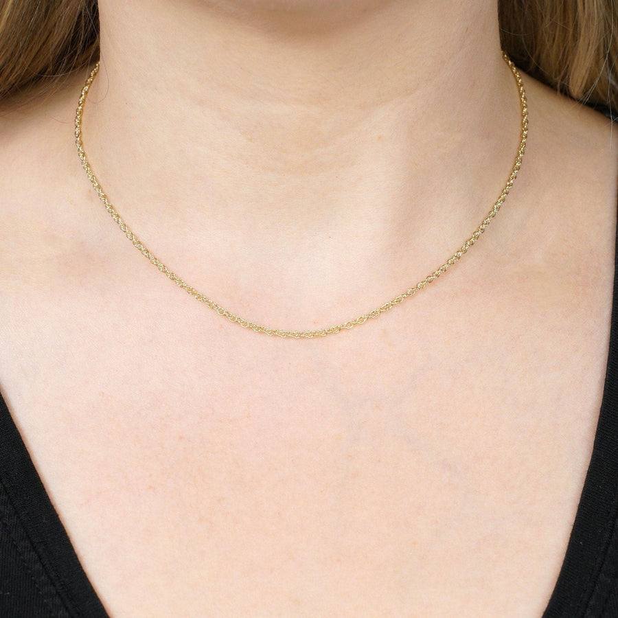 Contemporary 9ct Yellow Gold Prince of Wales Rope Chain worn around neck, 16"/40cm, showcasing classic chain design.
