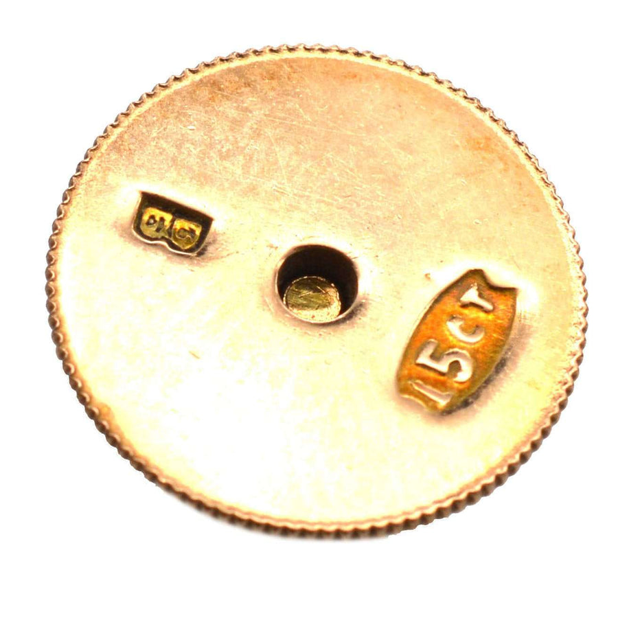 15ct gold dress stud showing stamp details and threaded hole for securing, vintage elegance in fine jewelry.