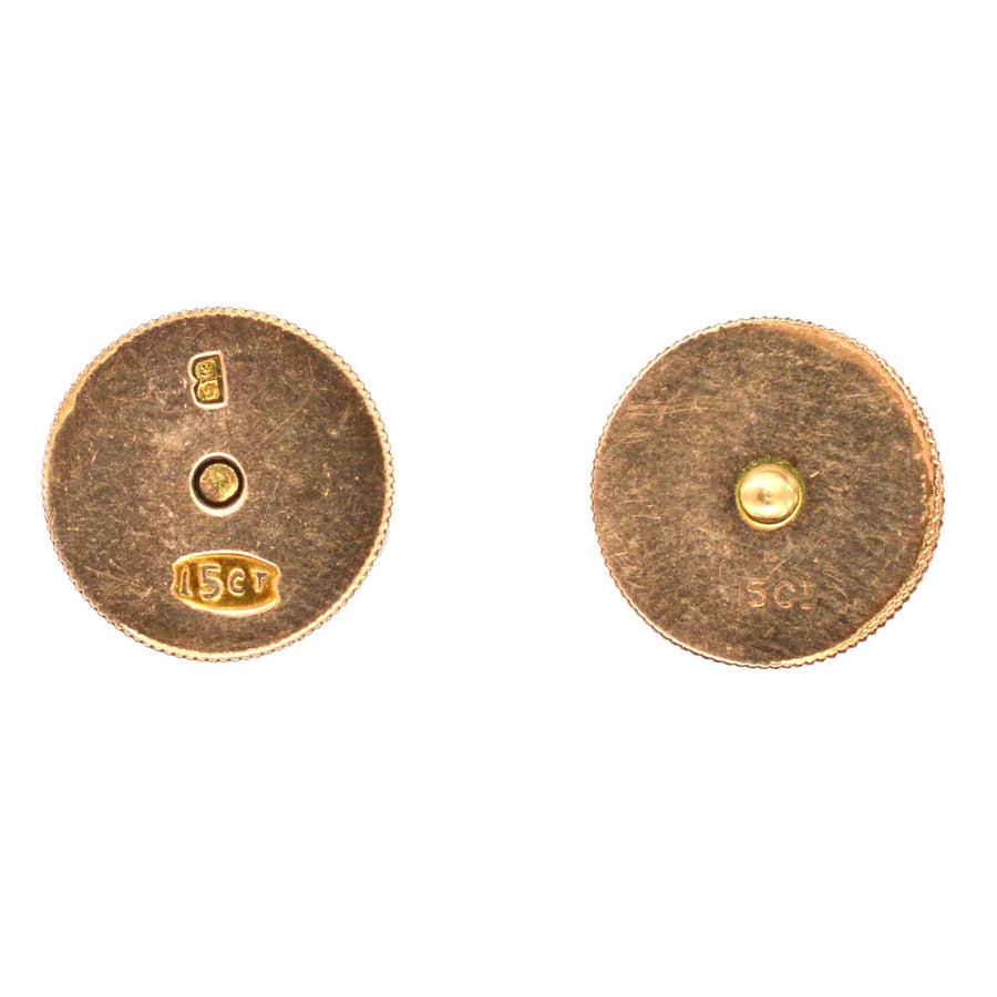 15ct gold dress studs showcasing stamp and detail, original design by Fredrick Dixon, perfect for gentleman's attire.