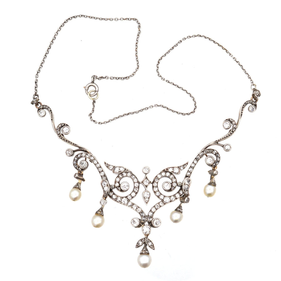 Edwardian 15ct gold and platinum necklace with natural pearls and diamonds in original case, vintage jewelry