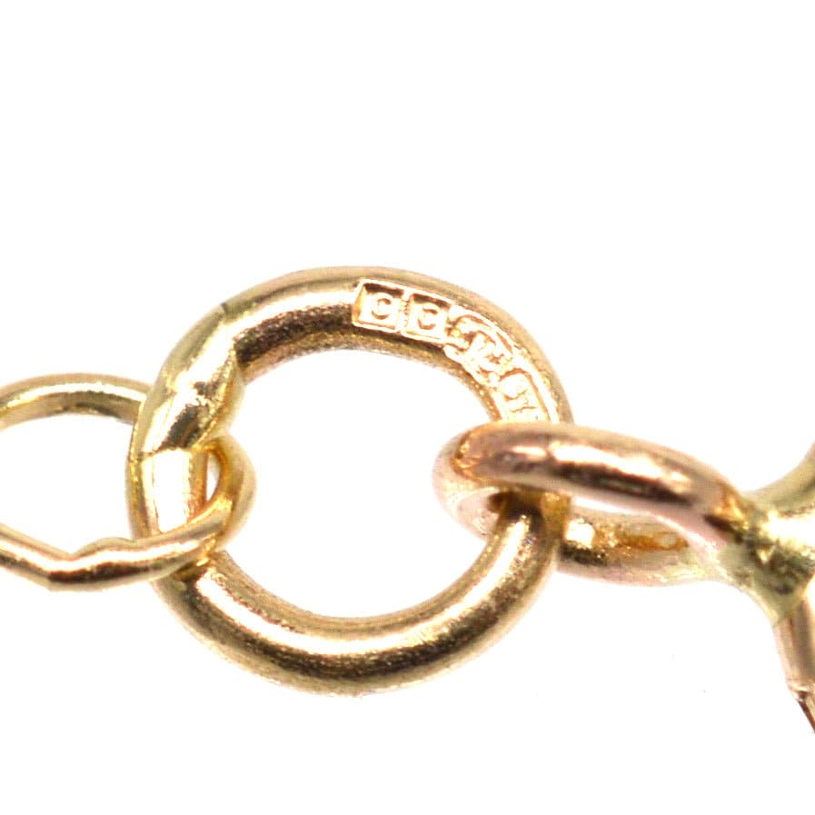 Close-up of the 9ct gold curb link chain showing the clasp and stamp detail.