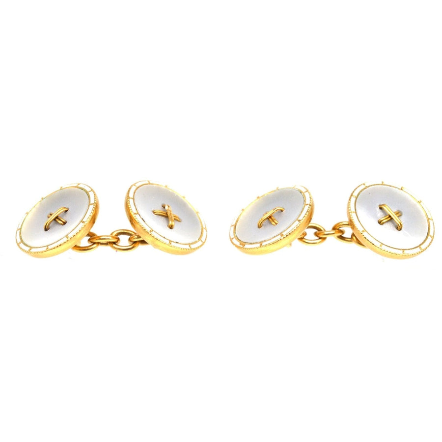 Elegant Edwardian 18ct gold cufflinks featuring white enamel and mother of pearl, perfect for formal attire.
