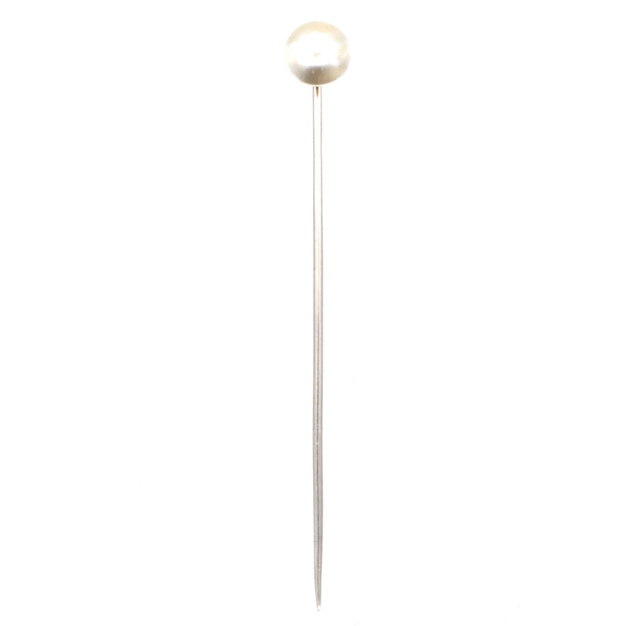 Edwardian platinum tie pin featuring a large natural pearl, dating from 1910-1920s, ideal for silk ties.