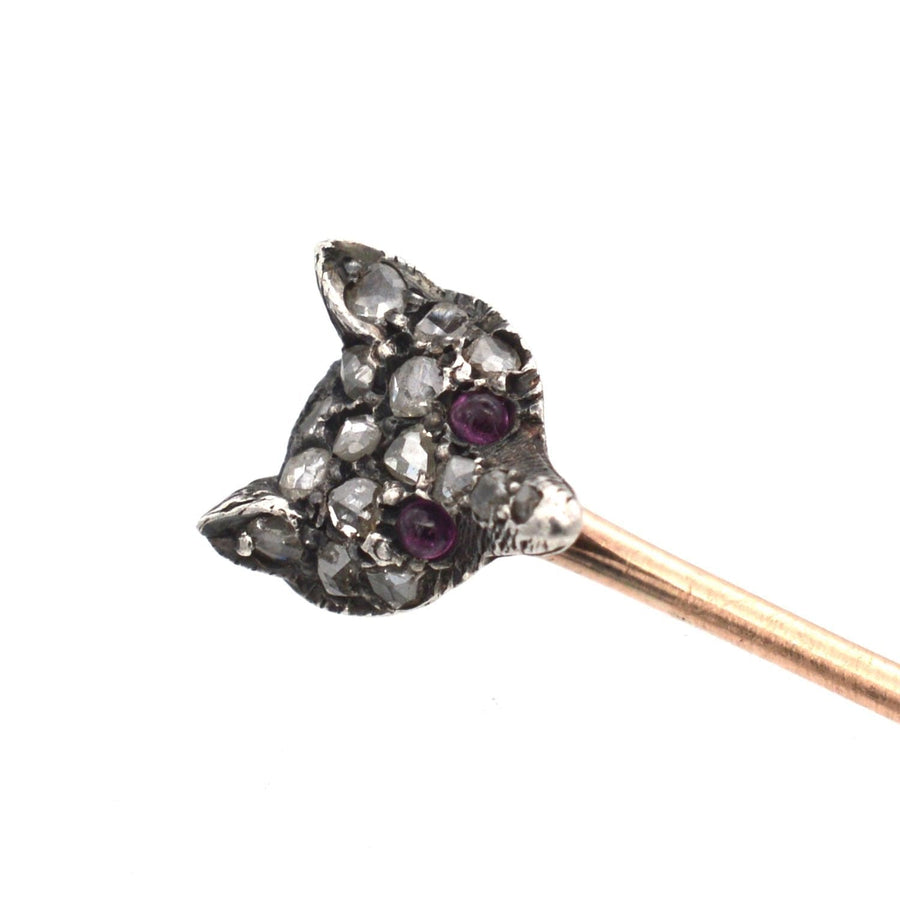 Edwardian fox head tie pin with rose diamonds and ruby eyes, perfect for country sports enthusiasts.