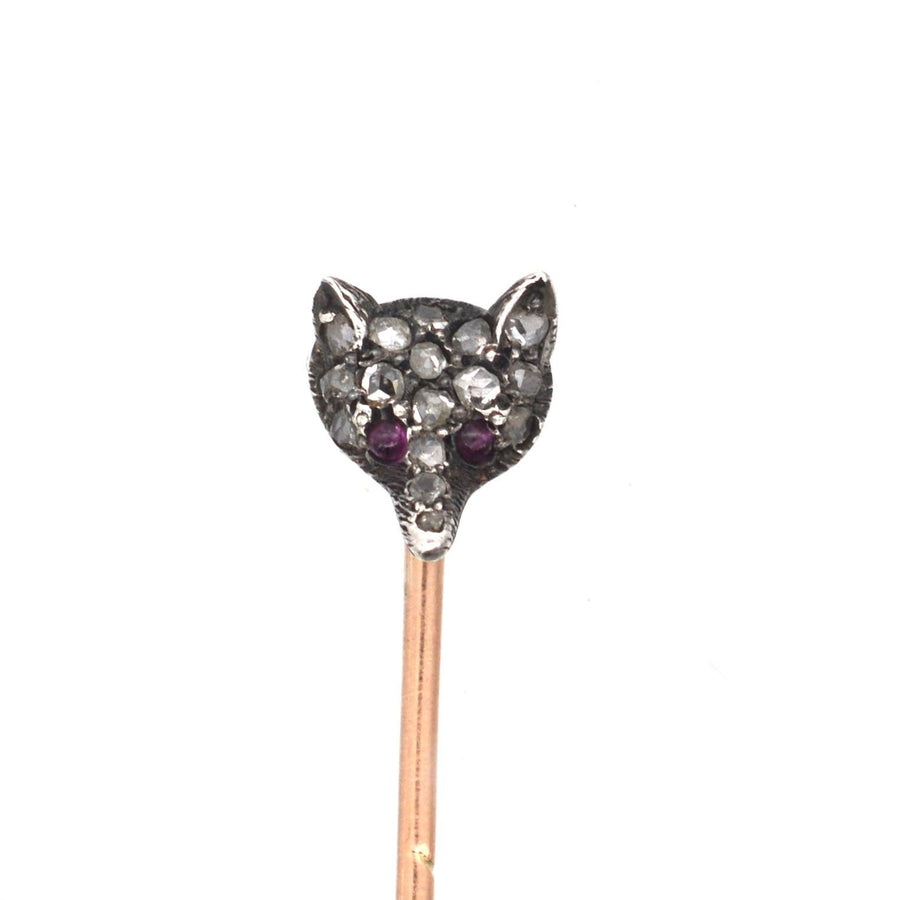 Edwardian fox head tie pin with rose diamonds and ruby eyes, perfect gift for country sports lovers.