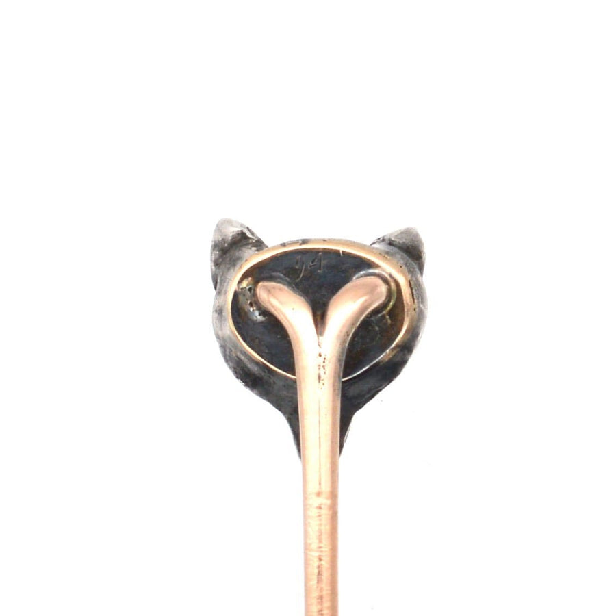 Edwardian rose diamond fox head tie pin with ruby eyes, perfect for country sports enthusiasts.