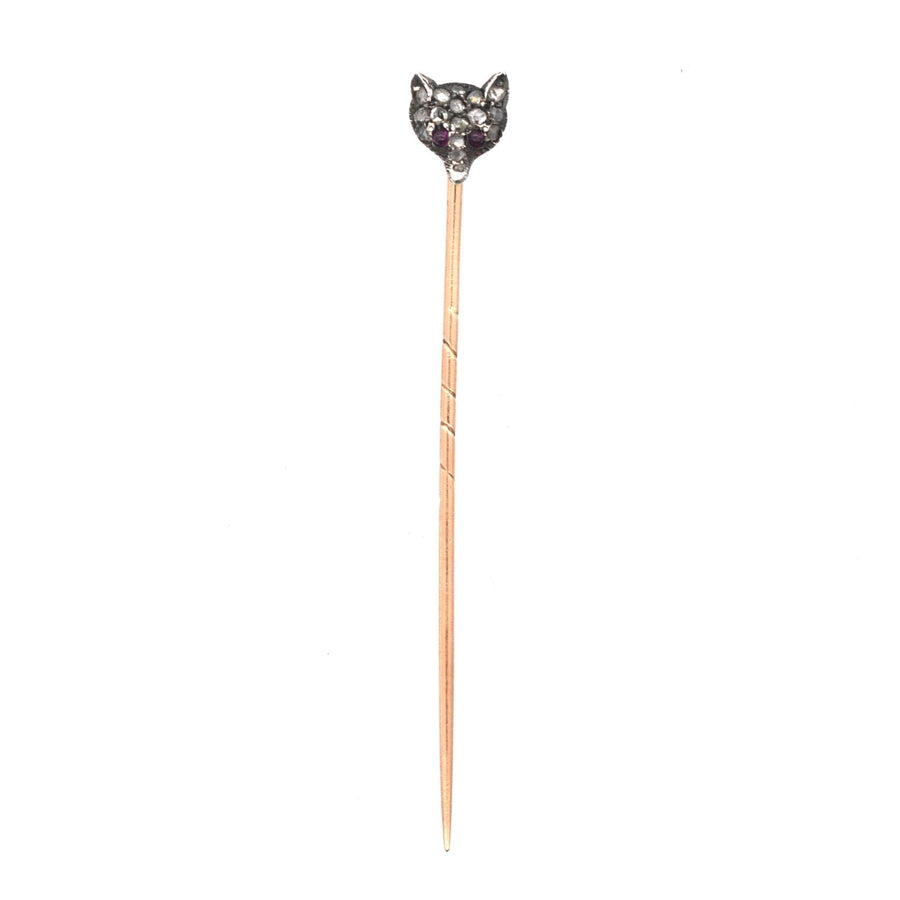 Edwardian rose diamond fox head tie pin with ruby eyes, perfect for country sports enthusiasts.