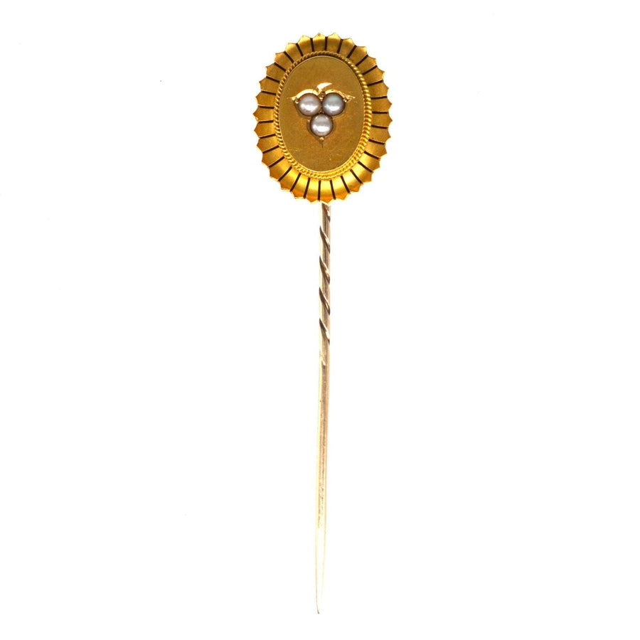 Large Victorian 15ct gold oval tie pin with split pearl leaf motif, elegant and stylish for silk ties.