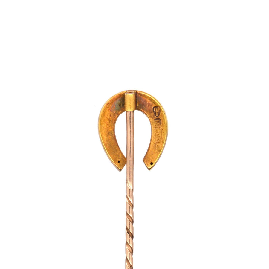 Late Victorian 15ct gold lucky horseshoe tie pin crafted in 1894, symbolizing good luck and protection.