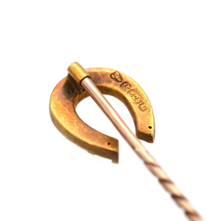 Late Victorian 15ct gold lucky horseshoe tie pin, symbolizing good luck and protection, crafted in Chester 1894.