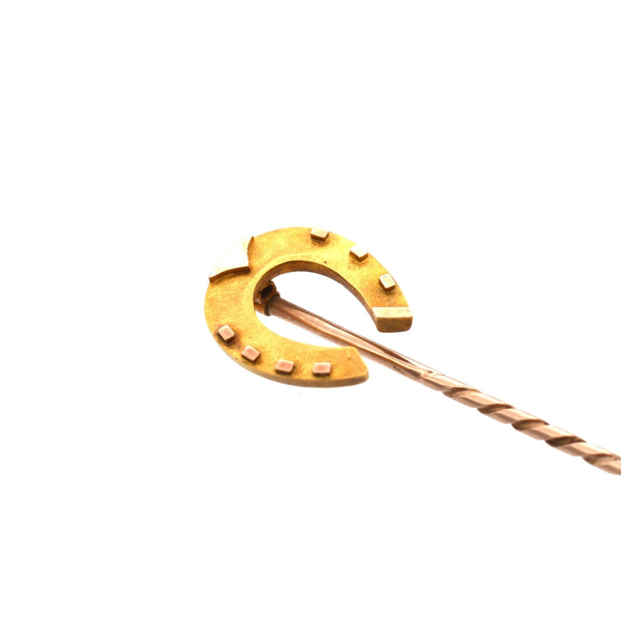 Late Victorian 15ct gold horseshoe tie pin made in Chester, symbolizing luck and protection from evil.