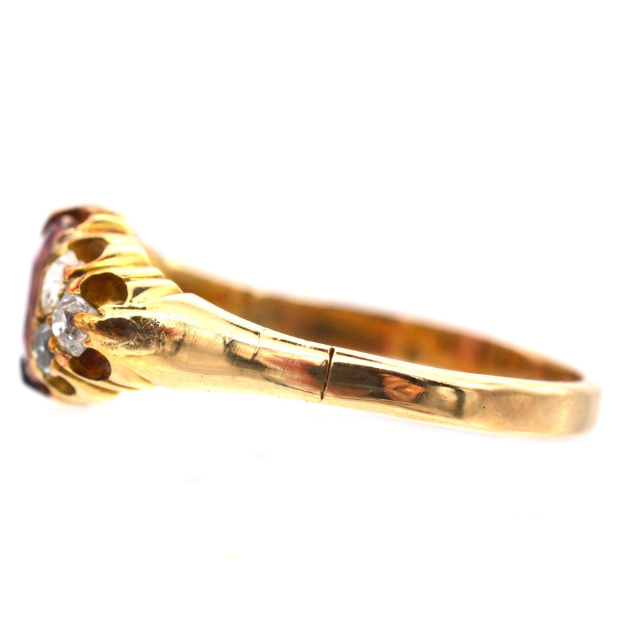 Late Victorian 18ct gold ring featuring pink tourmaline and old-mine diamonds, circa 1890-1900.