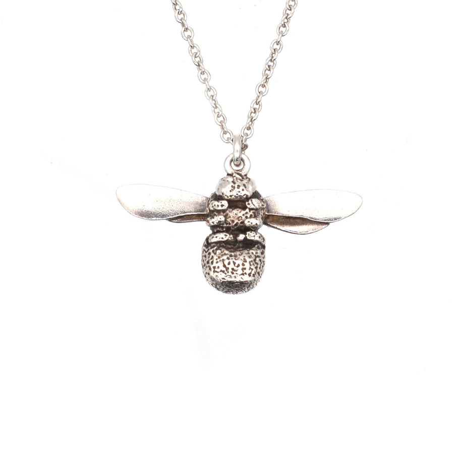 Modern Alex Monroe silver bumblebee pendant necklace on a delicate chain, handmade in England.