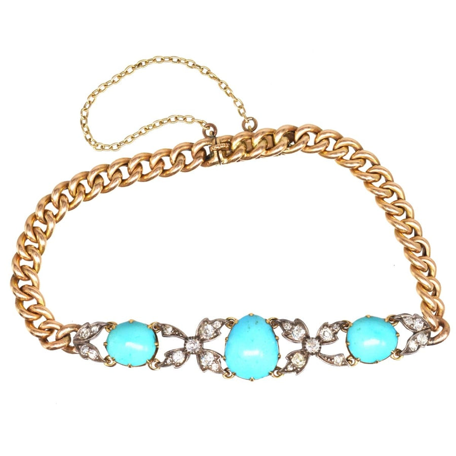Victorian 15ct gold and silver bracelet featuring turquoise and diamond accents, a timeless antique jewelry piece.