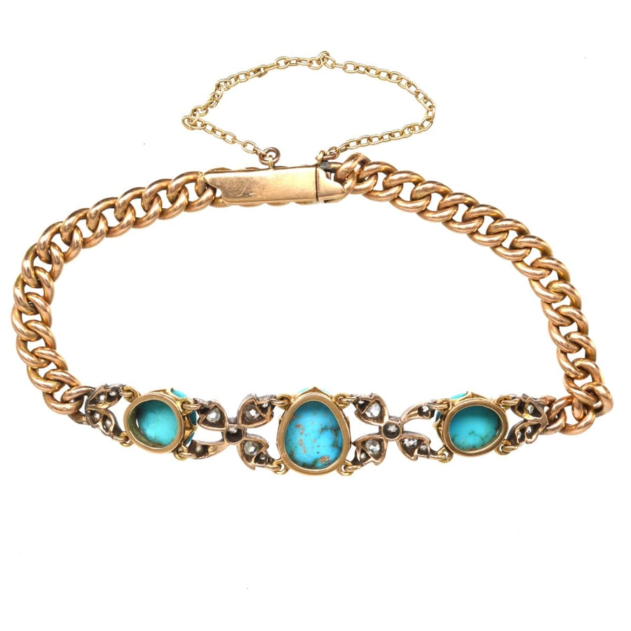 Victorian 15ct gold and silver bracelet featuring turquoise and diamond accents, showcasing vintage elegance.