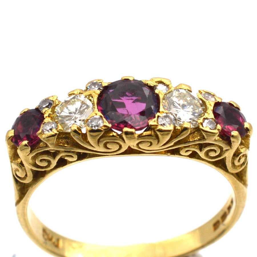 Victorian-style 1970s 18ct gold hoop ring with rubies and diamonds, expertly crafted in London.