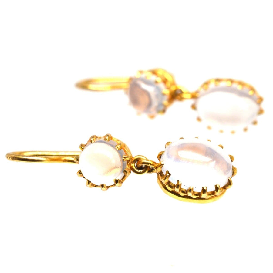 Vintage 9ct gold drop earrings featuring round and oval moonstones with gray/blue flashes, made in 1979.