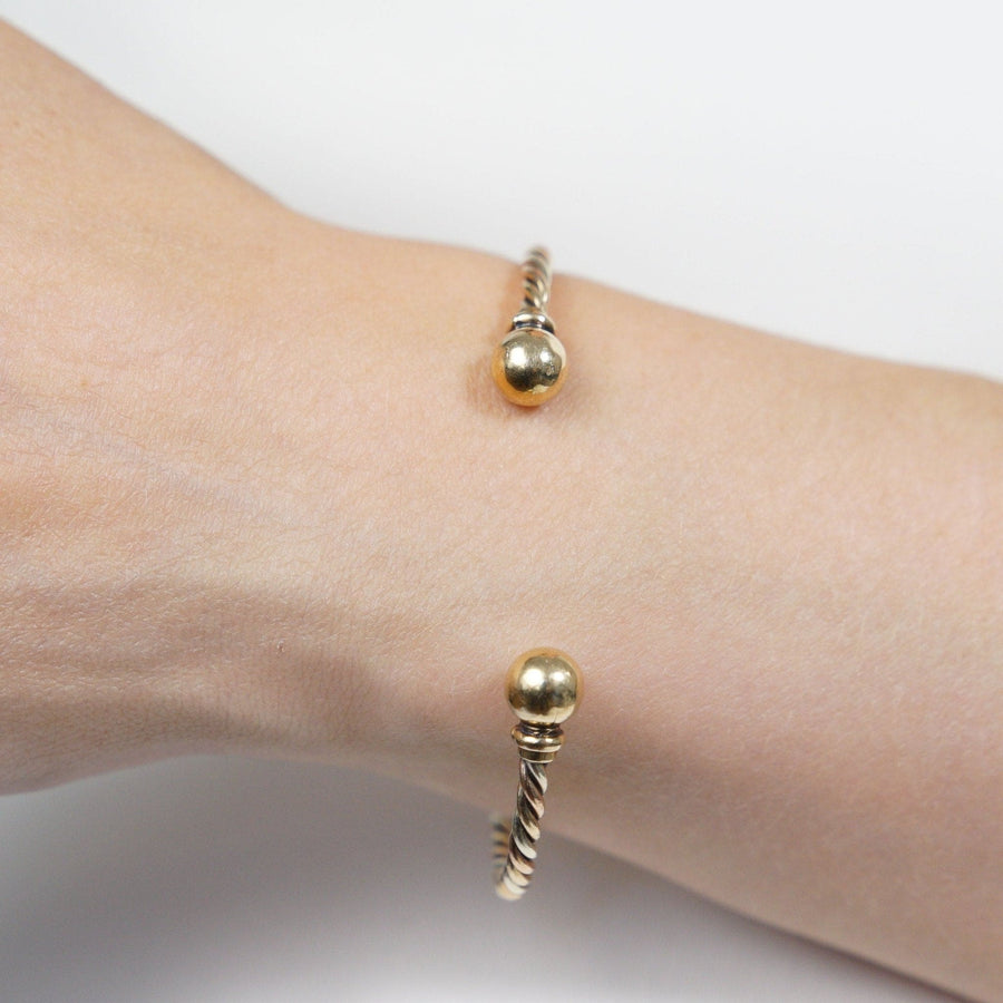 Vintage 9ct gold twisted three color gold open bangle with spherical ends, elegant and stylish for stacking.