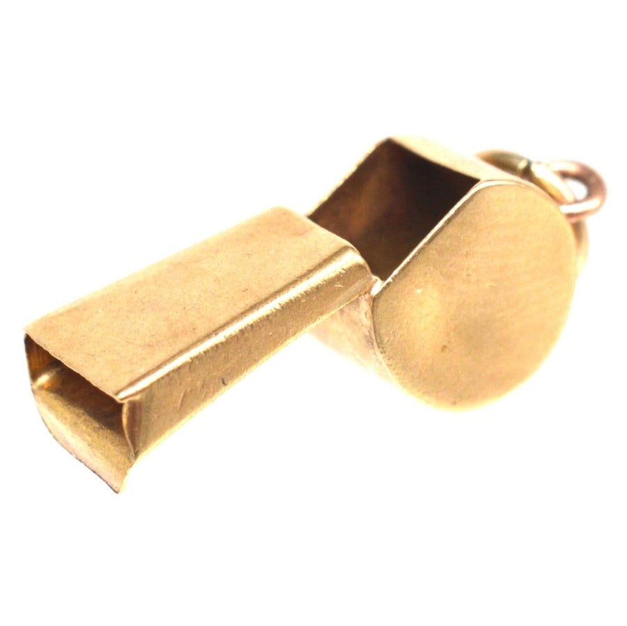 Vintage 9ct gold whistle charm pendant, fully hallmarked, adds a unique touch to any accessory or jewelry collection.