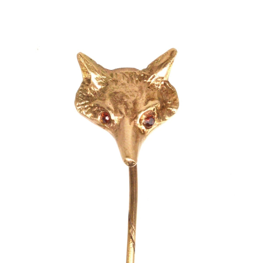 1960s 9ct gold fox tie pin with red garnet eyes, fully hallmarked London 1966, includes stopper.