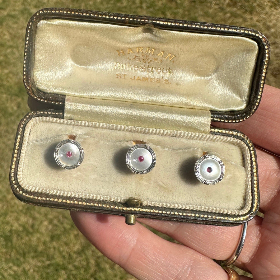爱德华时期 9ct 黄金和铂金、珍珠母和红宝石礼服耳钉