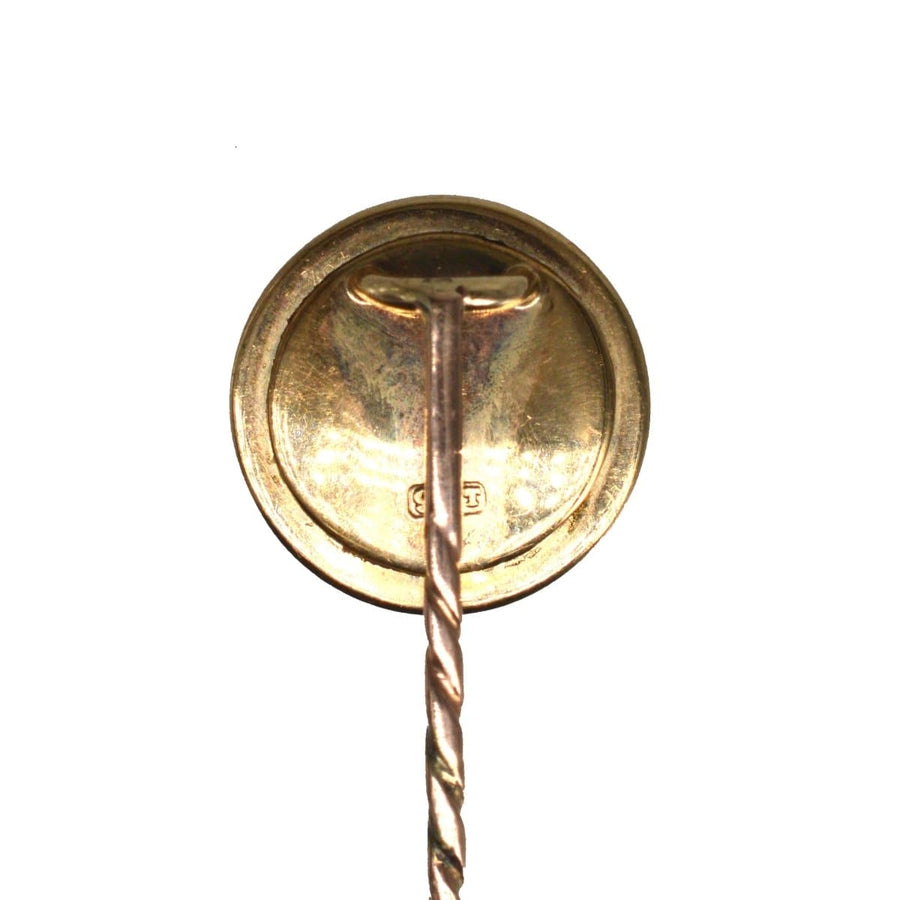 Back view of a vintage 9ct gold fishing hook tie pin showcasing intricate design and craftsmanship.