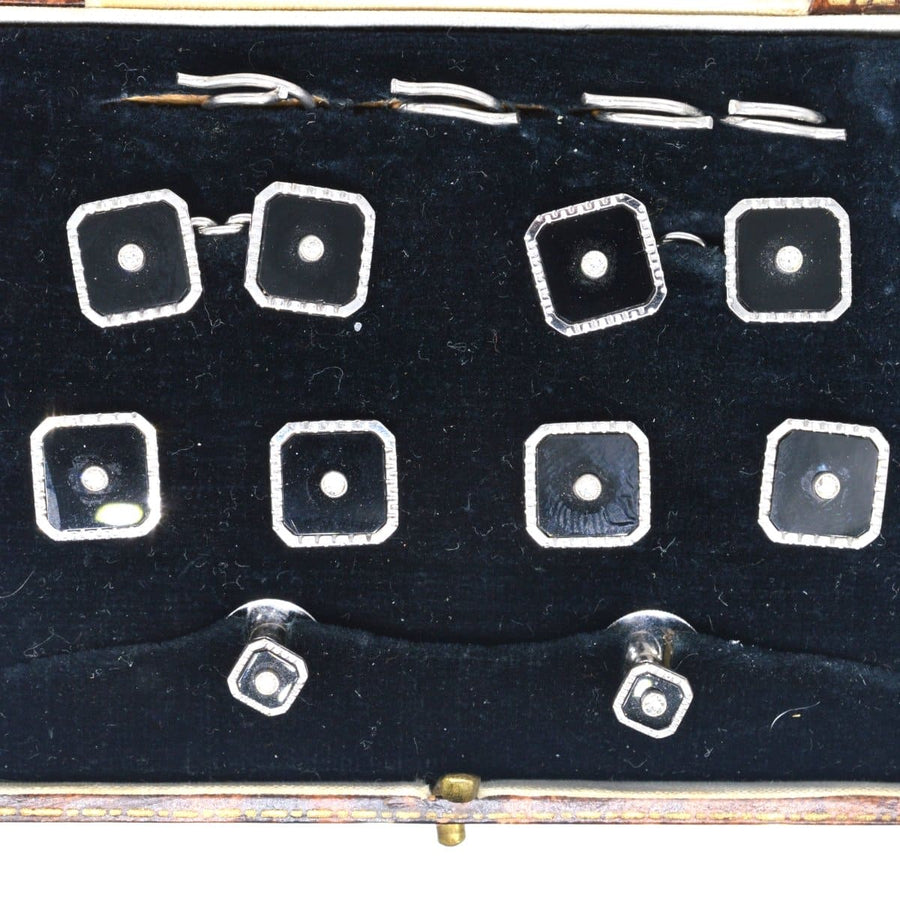 Art Deco 9ct white gold dress set featuring onyx and diamond cufflinks in original case.