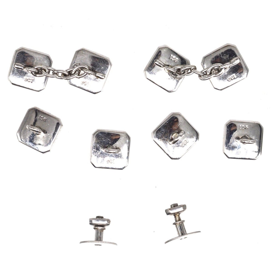 Art Deco 9ct white gold dress set featuring onyx and diamond cufflinks in original case.
